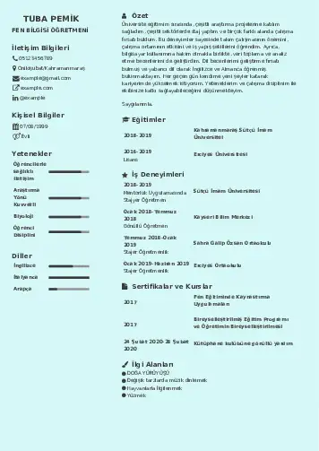 Fen Bilgisi Öğretmeni CV Örnekleri cv indir